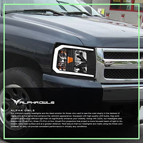 Alpha Owls 8712252 Crystal Headlights With Switchback Sequential LED Light Bar & Startup Light - Black Amber Fits 2007-2013 Chevy Silverado 1500/2007-2014 2500 3500 HD Halogen Models