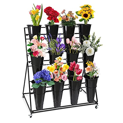 Flower Display Stand With 12PCS Buckets, 3 Layers Metal Plant Stand With Wheels, Heavy Duty Moving Plant Shelf, For Indoor, Outdoor Patio Garden, Balcony, Florist ( Color : A )