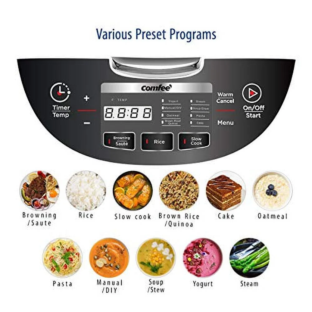 COMFEE' 5.2Qt Asian Style Programmable All-in-1 Multi Cooker, Rice Cooker, Slow Cooker, Steamer, Saute, Yogurt Maker, Stewpot with 24 Hours Delay Timer and Auto Keep Warm Functions