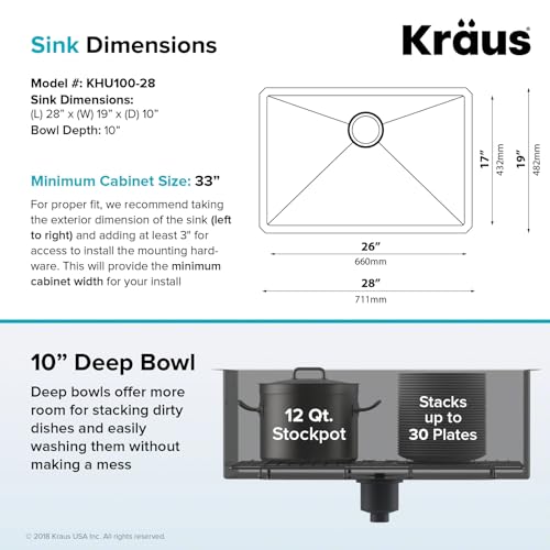 Kraus KHU101-24L Standart PRO 24-inch Undermount 16 Gauge Single Bowl Laundry and Utility Sink, 24 Inch, Tight Radius