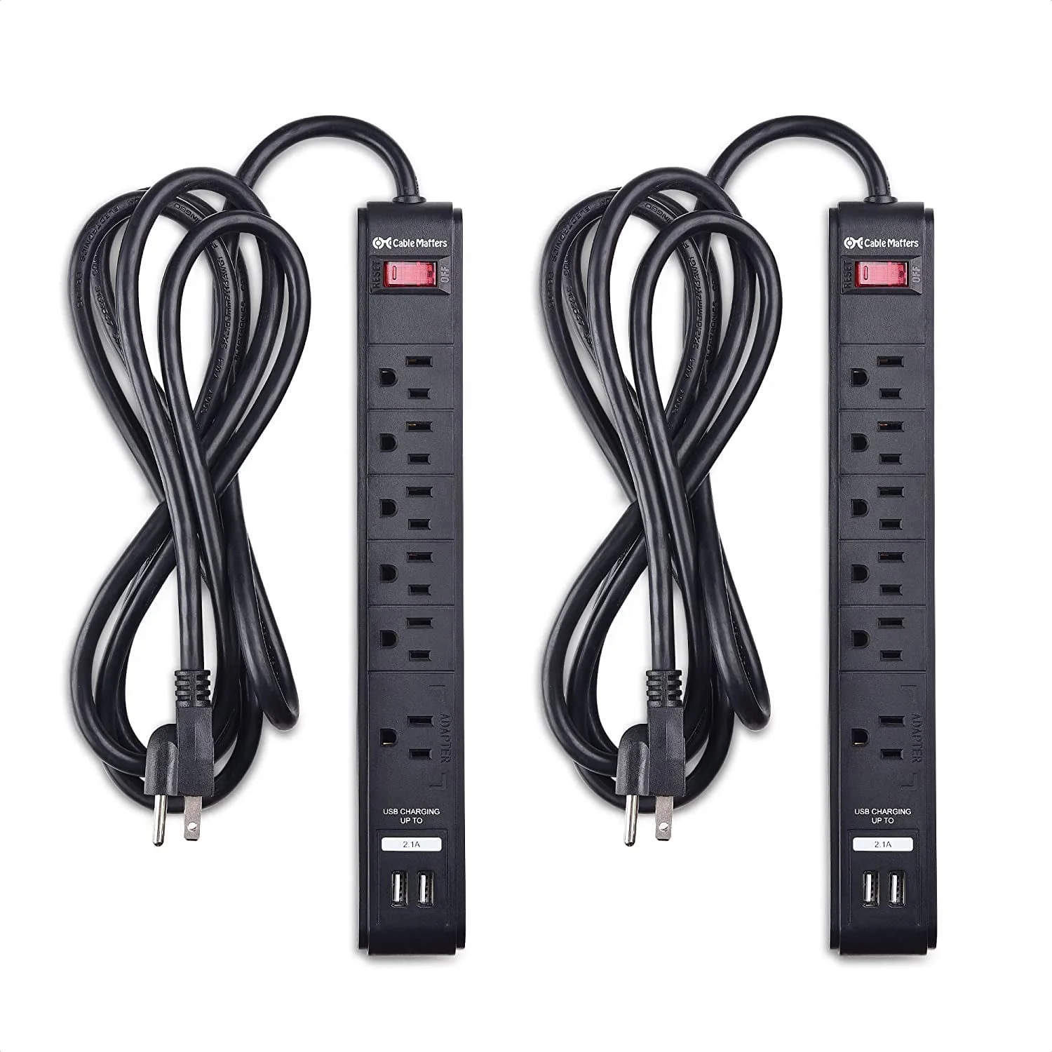 Cable Matters 2-Pack 6 Outlet Surge Protector Power Strip with USB Charging Ports, 300 Joules with 8 Foot Power Cord in Black