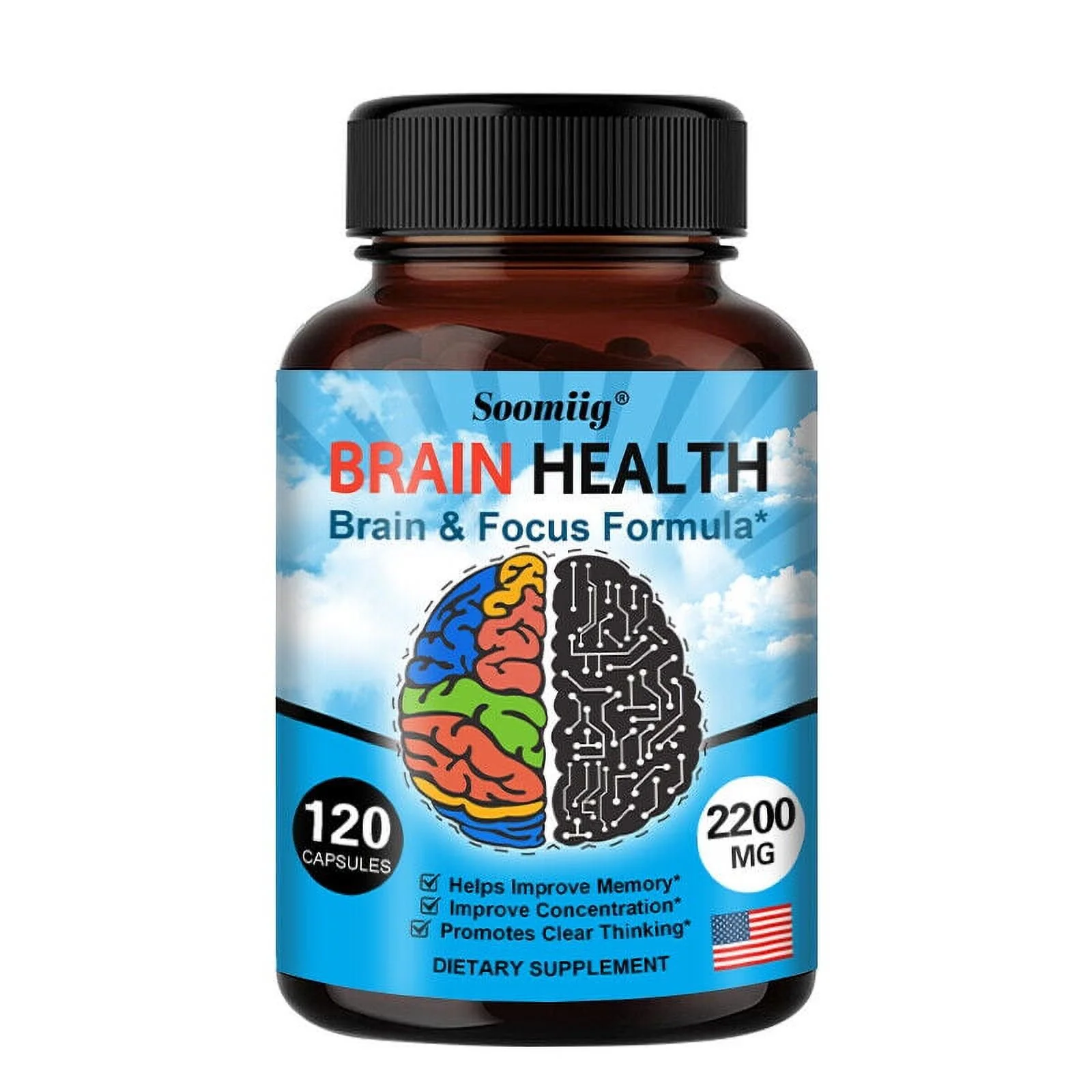 Brain Health Memory Booster, Focus Function, Clarity Nootropic Supplement 2200mg - 120 Capsules