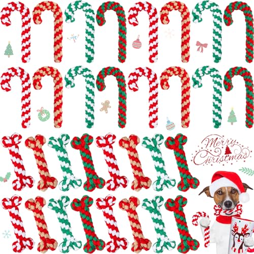 Threan 32 Pieces Dog Christmas Chew Toys Candy Cane Rope Toys Classic Crutch Shape for Christmas Puppy Small Pet Medium Large Dog Chewing Teething Clean and Training