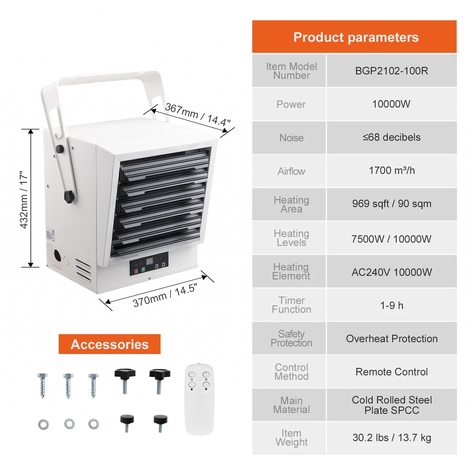 SKYSHALO 10000-Watt Electric Garage Heater Digital with Remote Ceiling/Wall Mount