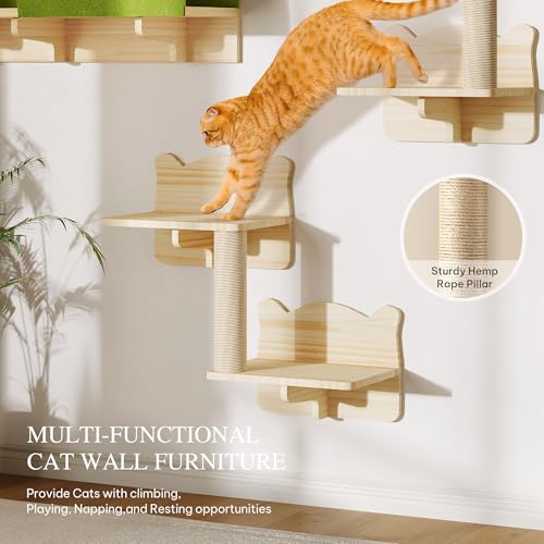 Cat Wall Shelves and Perches, Solid Wood Wall Mounted Cat Furniture, Set of 13 Cat Climbing Shelves with Moon Hammock, House, Wall Ladder, Scratching Post and Cat Tunnel