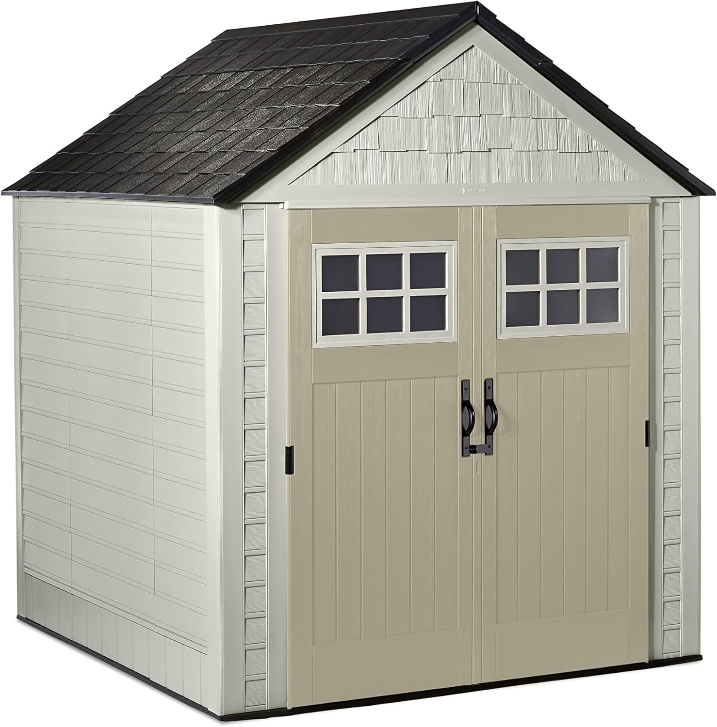 Rubbermaid Resin Outdoor Storage Shed With Floor (7 x 7 Ft), Weather Resistant, Beige/Brown, Organization for Home/Backyard/Garden Tools/Lawn Mower/Bike Storage/Pool Supplies