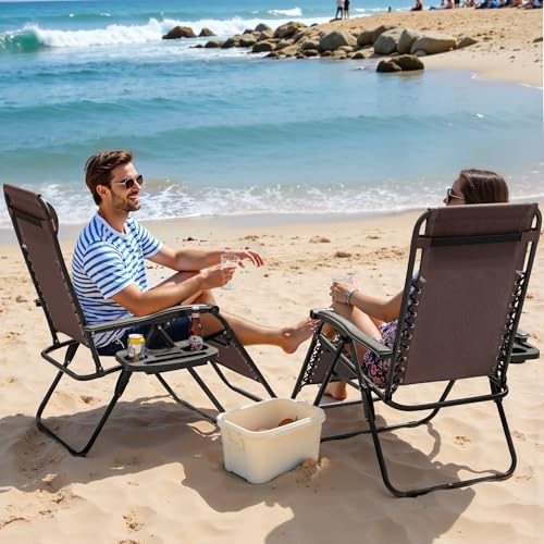 Greesum Zero Gravity Chairs Set of 2 Adjustable Steel Mesh Recliners Beach Deck Lawn Camping Patio Foldable Lounge Chair with Cup Holder Trays and Pillows,Brown