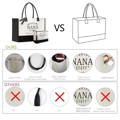 BeeGreen Mother's Day Gifts Personalized Women's Large White and Black Canvas Tote Bag, Embroidered Initials, Leather Handle, Zipper Closure