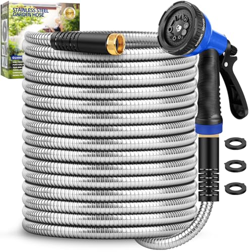 Garden Hose, Stainless Steel Metal Water Hose with 10 Function Nozzle, Lightweight Hose, No Kink, Leak-proof, Puncture Resistant for Yard, Outdoor, RV(25 ft)