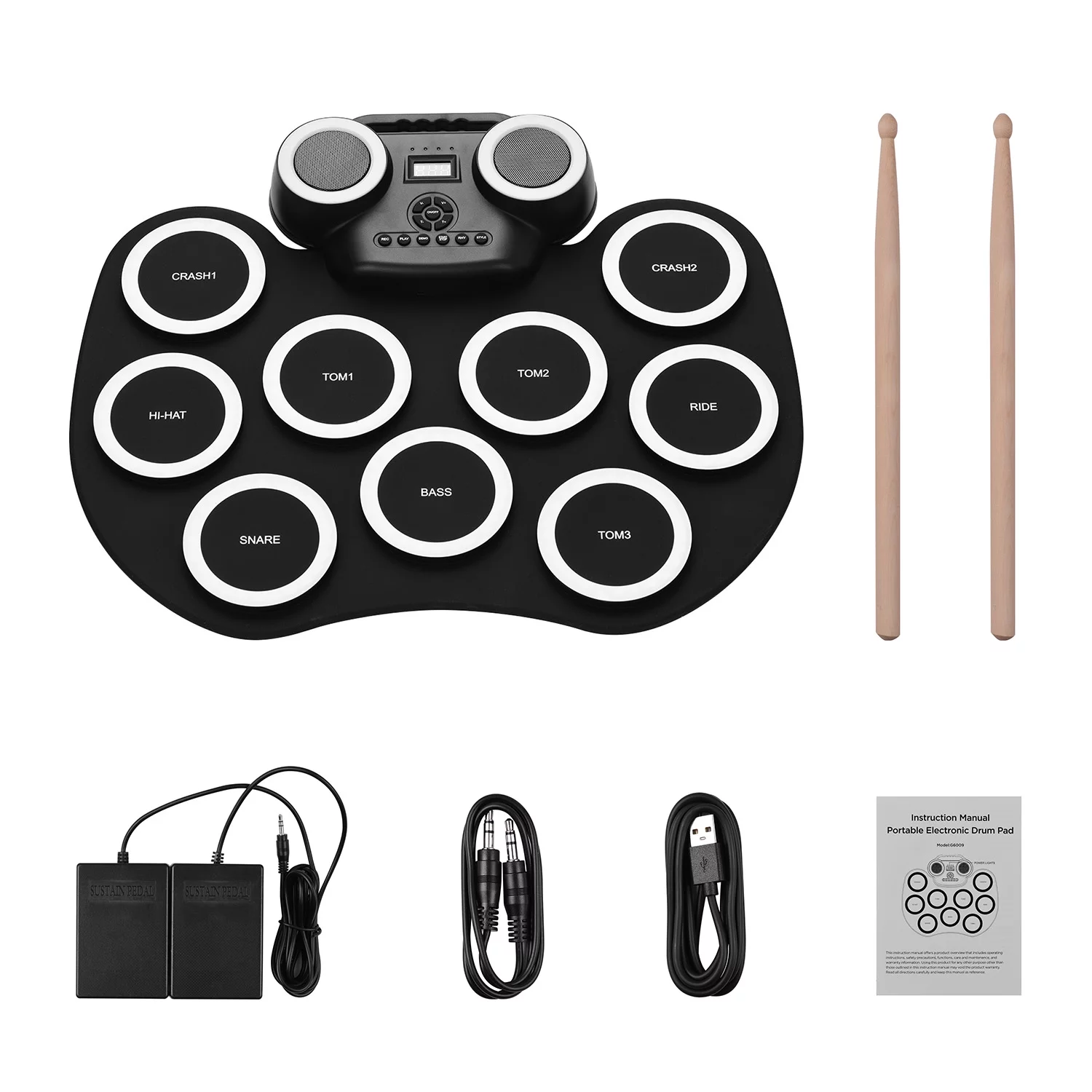 Meterk Portable Roll-up Electronic Drum Pad Silicon Digital Drum with Built-in Speakers Foot Pedals Headphone Monitoring Colorful Light Built-in Battery