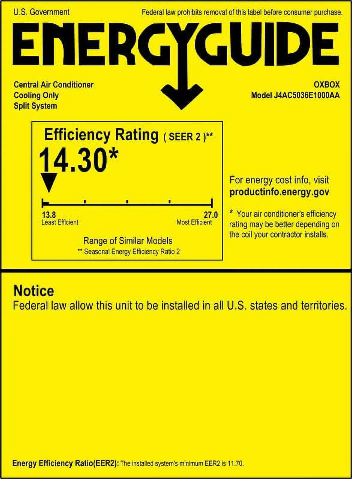 OxBox (A Trane Brand) 3 Ton 14.3 SEER2 Air Conditioner Condenser - J4AC5036E1000A