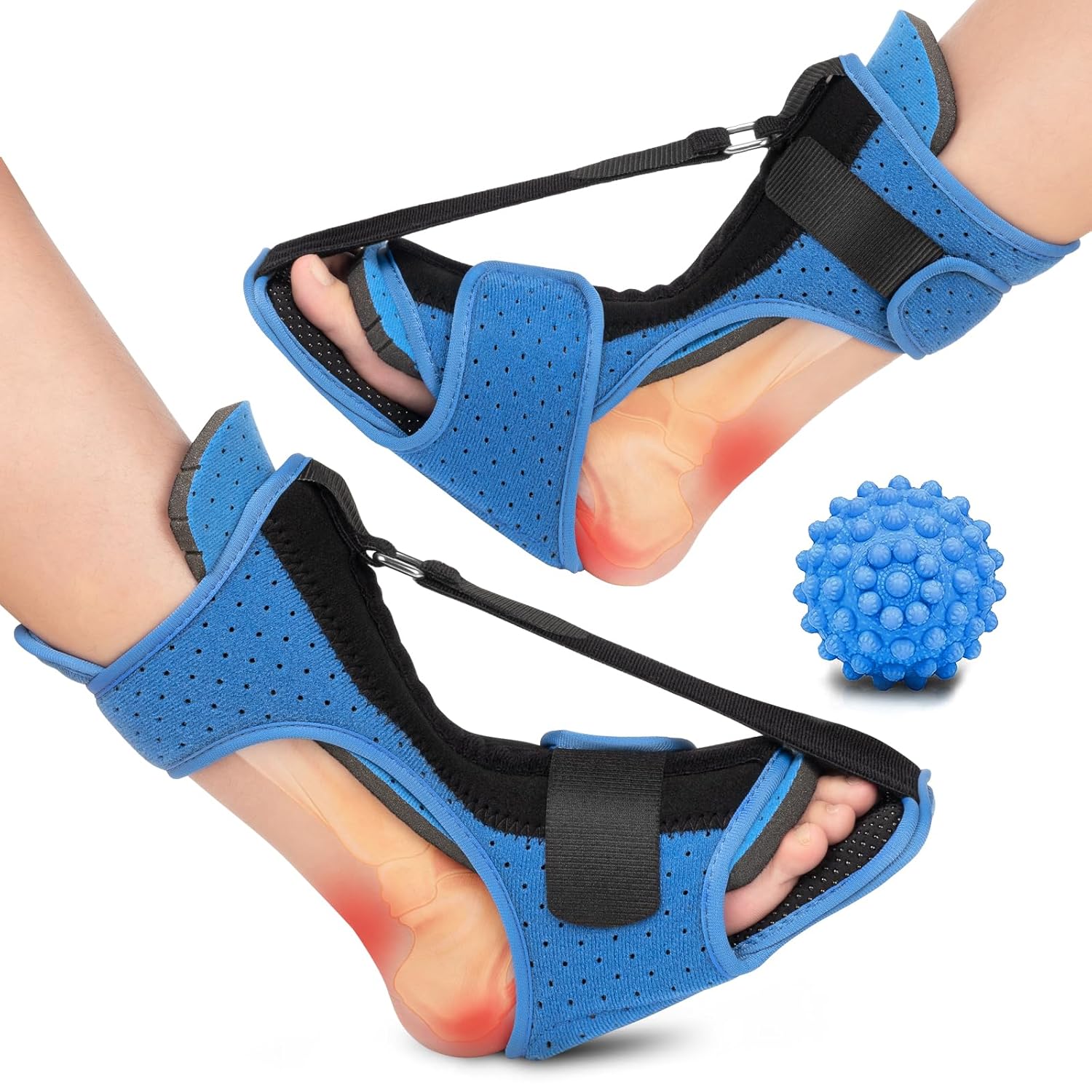 Plantar Fasciitis Night Splint: 2pcs Upgraded Plantar Fasciitis Brace with Massage Ball for Foot Pain Relief by Plantar Fasciitis Achilles Tendonitis Foot Drop Flat Arch Heel Spur | Comfortable & Easy Use for Women Men Blue