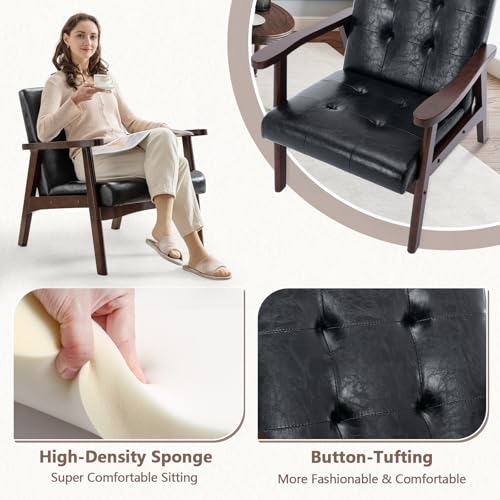 ANJ Mid Century Modern Accent Chair, Tufted Fabric Upholstery, Wood Frame, Beige