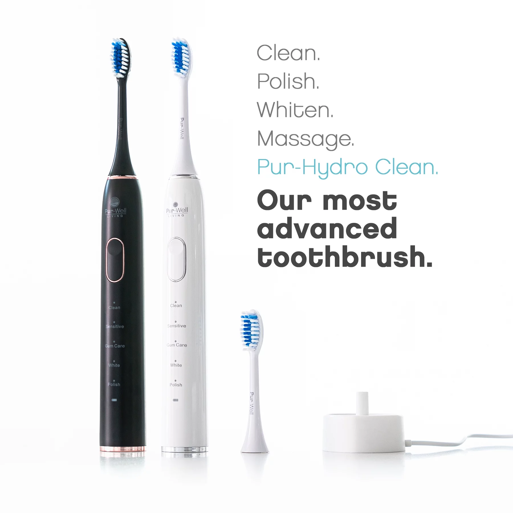 Pur-Well Living Pur-Hydro Clean Tooth Brush Dupont Brush Heads Electric USB Charging Toothbrush Waterproof (White)
