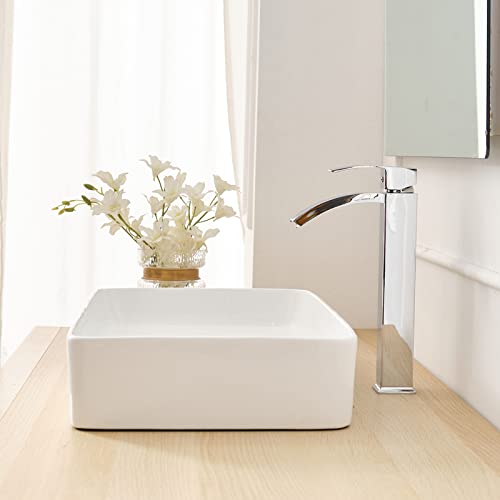 Brushed Nickel Vessel Sink Faucet, Waterfall Bathroom Faucets, Tall Spout Single Handle Single Hole Bathroom Faucets with Pop Up Drain and Without Overflow Basin Faucet Supply Line