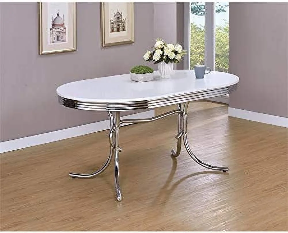 YOJFOTOOU. Modern Metal Chrome Plated Oval Dining Table with White Top