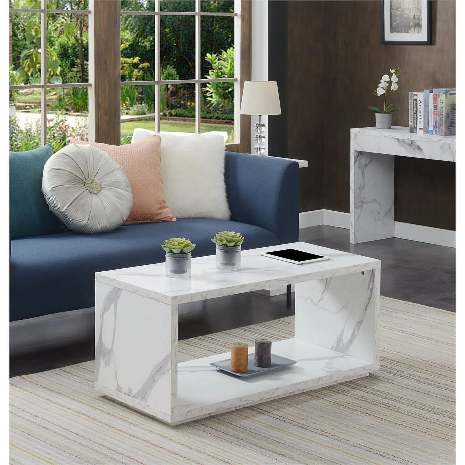 Pemberly Row Modern Square Coffee Table in Faux White Marble