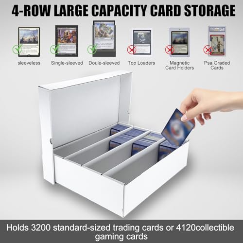 4 Row Trading Card Storage Box, 5 Pack 3200 Count White Cardboard Storage Box with Divider for Basketball/MTG/TCG/Sports/Game Cards Organizer and Collection