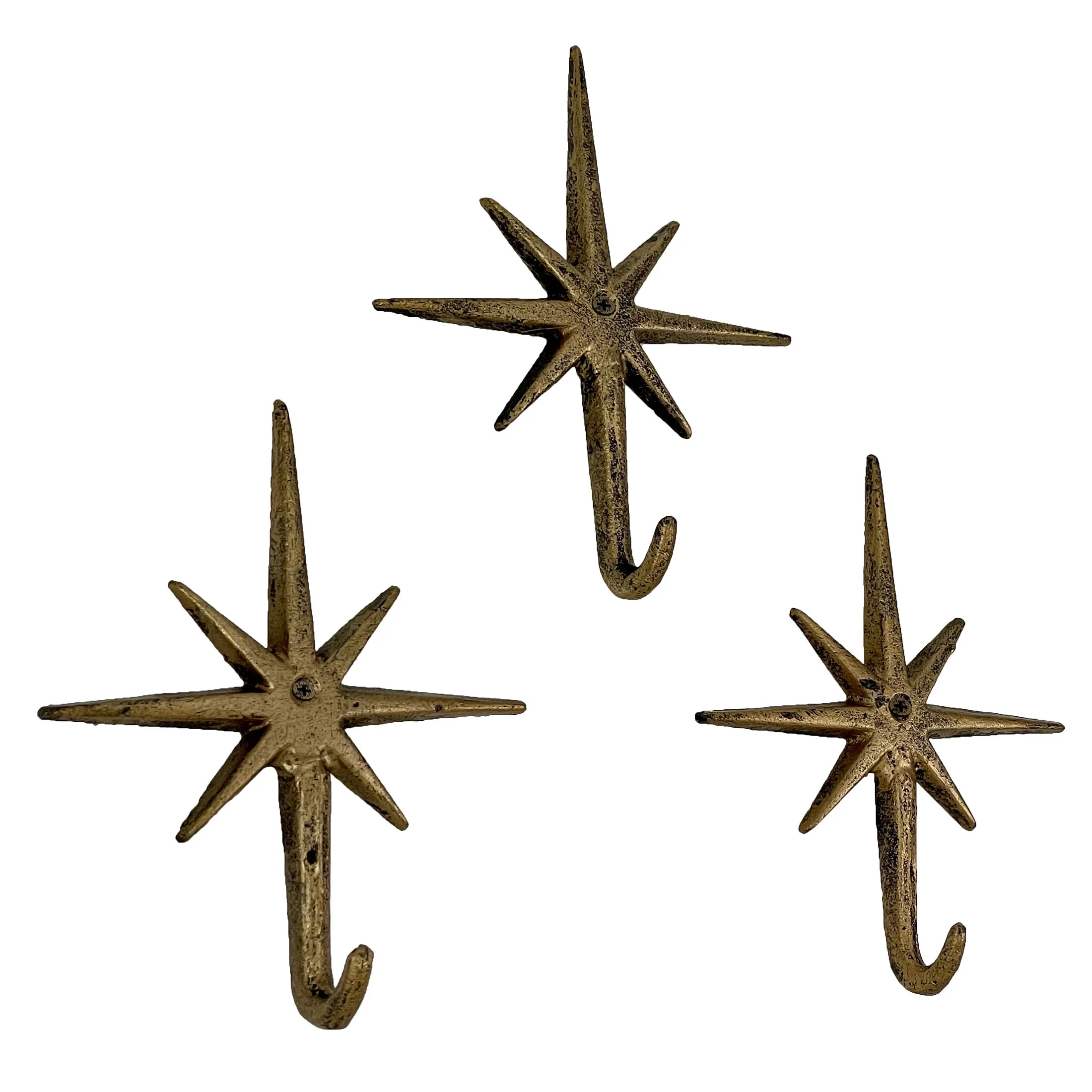 Zeckos Set of 3 Gold Finish Cast Iron Atomic Starburst Wall Hooks - Gold - Size 1.25 inch Projection