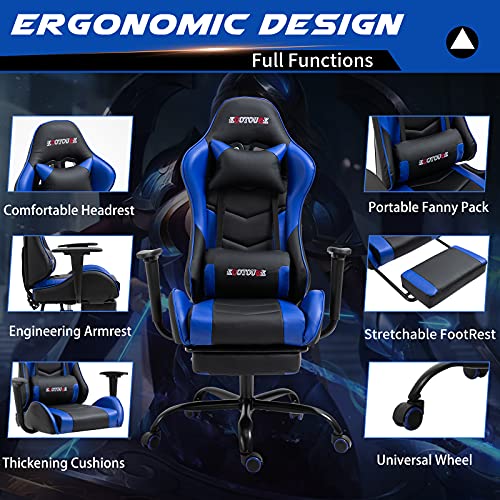 Massage Gaming Chair w/Footrest, Ergonomic High Back PC Chair w/Headrest and Lumbar, PU Swivel Home Desk Office Chair, Black