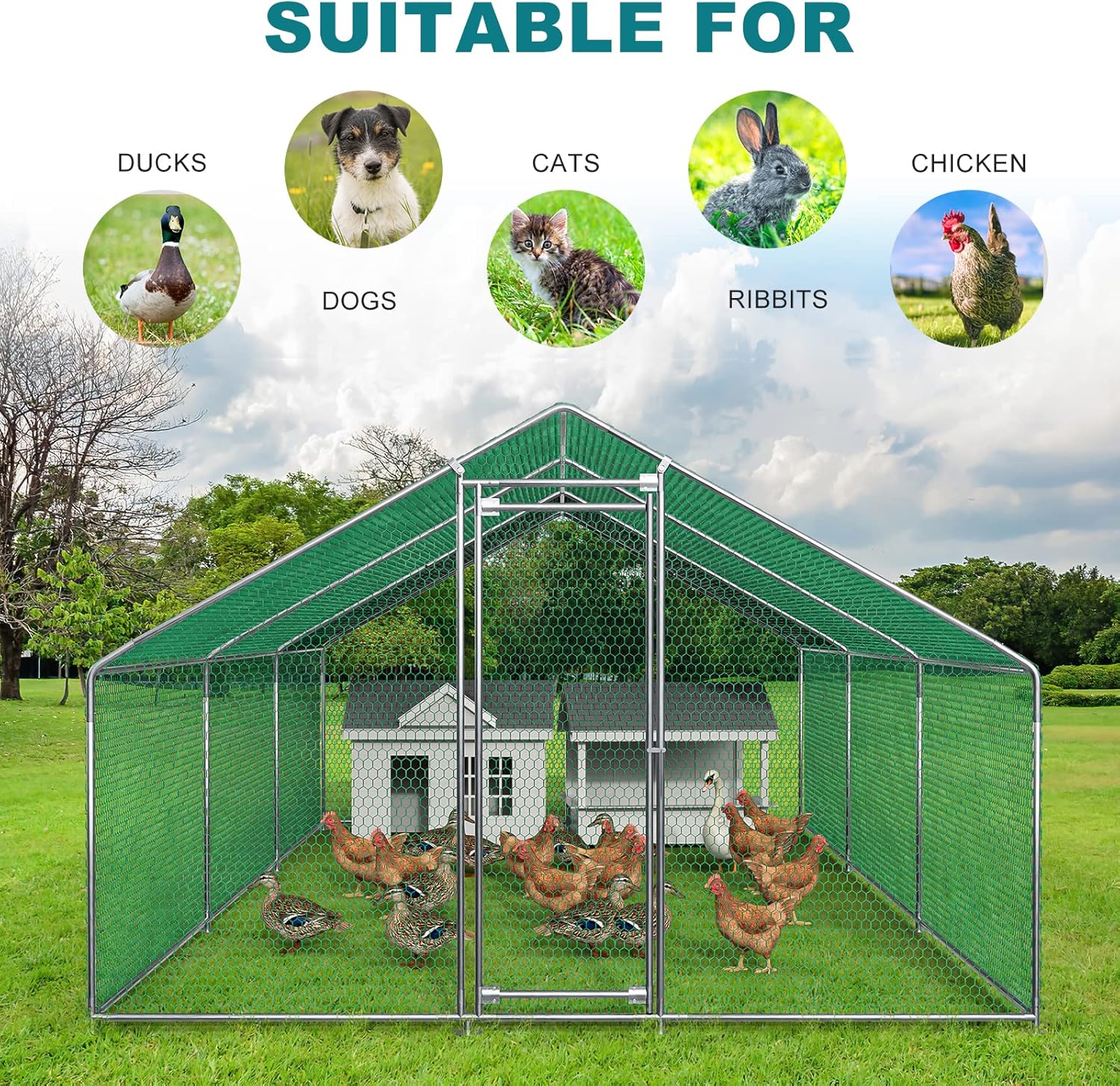 Oarlike Metal Chicken Coop for 20 Chickens Large Chicken Runs for Yard with Cover Galvanized Steel Chicken Pen Outdoor for Hen Duck Rabbits Goose Puppy Heavy Duty Walk-in Poultry Cage for Outside