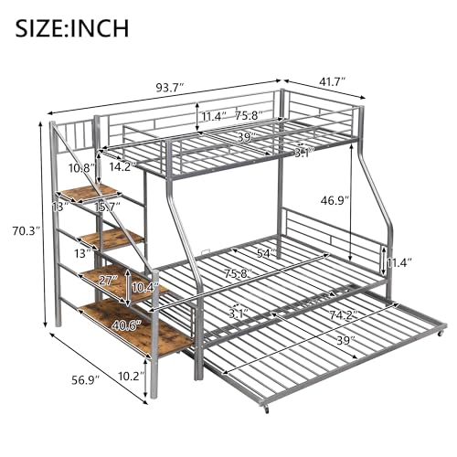 Twin Over Full Bunk Bed - Metal Full Size Bed with Trundle and Storage Staircase, Heavy Duty Bed Frame with Safety Guaedrail, Space Saving Design for Bedroom, Guest Room, Apartment, Dormitory, Silver