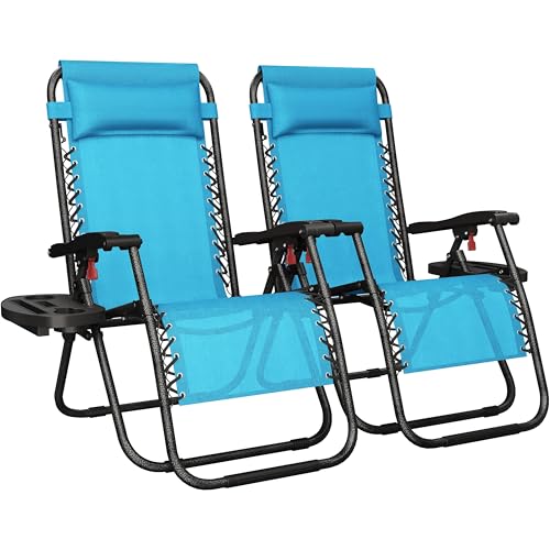 Yaheetech Zero Gravity Recliners Outdoor Adjustable Folding Reclining Lounge Chairs w/Pillows, Cup Holder Trays and Carry Strap for Patio Backyard Beach Black Set of 2