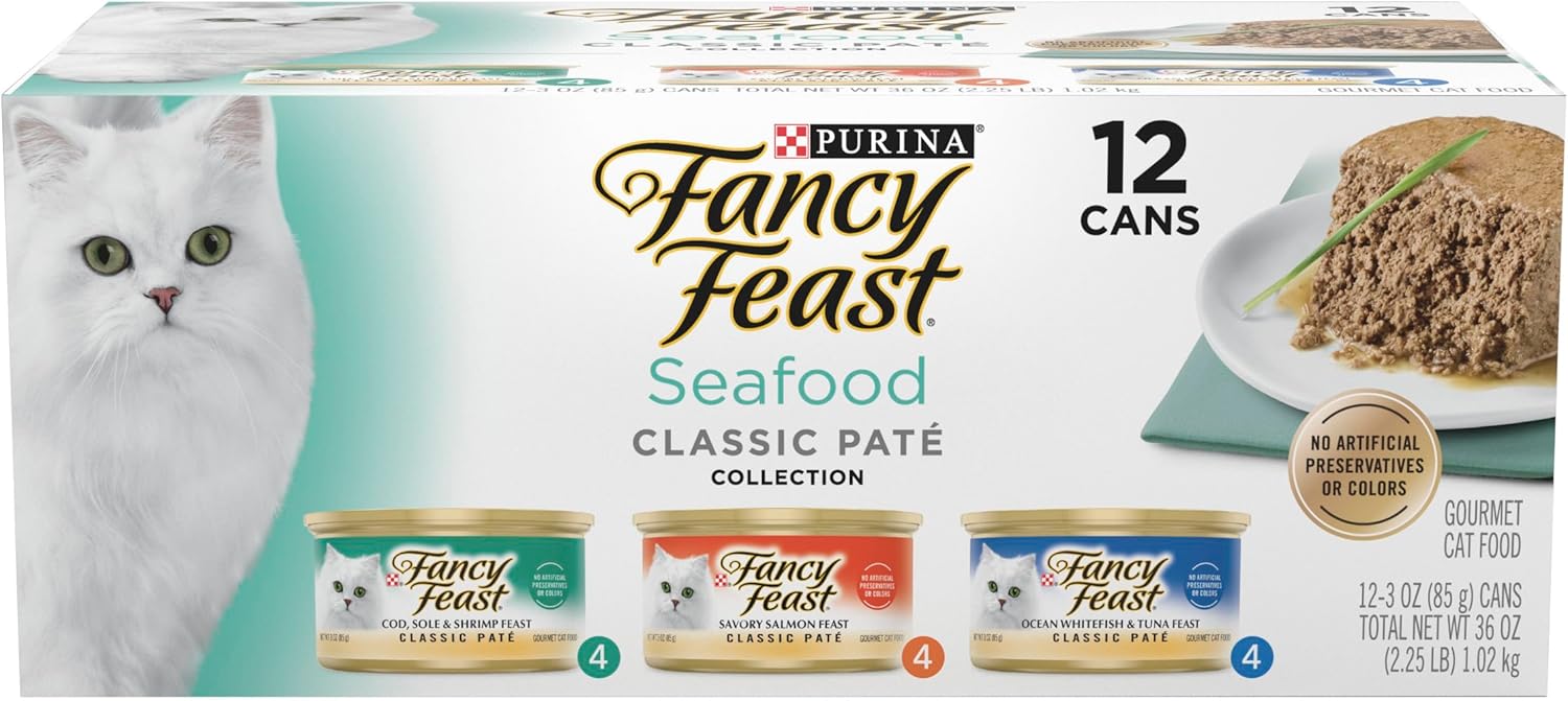 Purina Fancy Feast Seafood Classic Pate Collection Grain Free Wet Cat Food Variety Pack - (2 Packs of 12) 3 oz. Cans