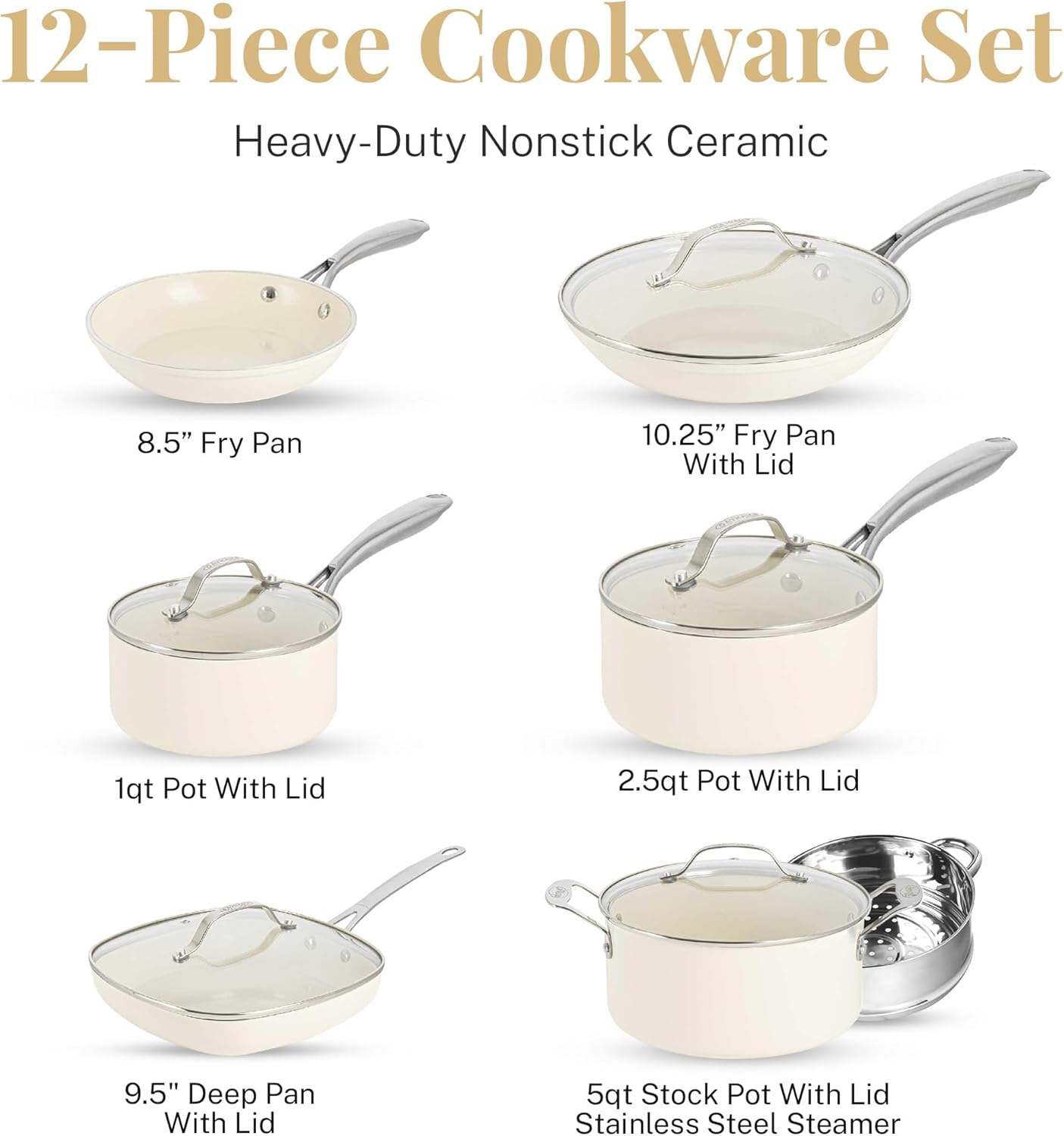 Gotham Steel 12 Pc Ceramic Pots and Pans Set with 5.5 Qt Saute Pan - Non Stick Kitchen Cookware Sets, Pot and Pan Set, Ceramic Cookware Set, Non Toxic Cookware Set, Dishwasher Safe