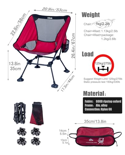 iClimb Ultralight Compact Camping Folding Beach Chair with Anti-Sinking Large Feet