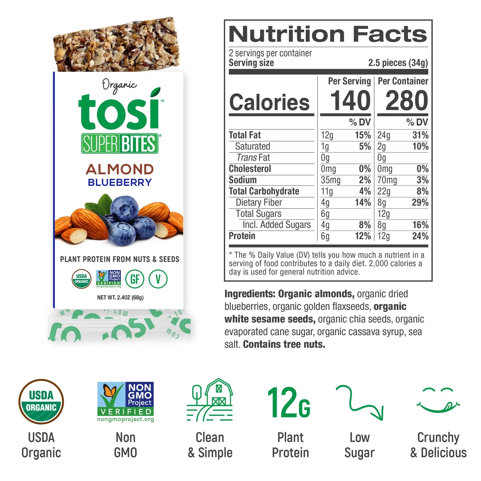 TOSI SuperBites, Gluten-Free Snack Bars, Almond Blueberry, Vegan, Organic, 2.4 oz, 12 bars