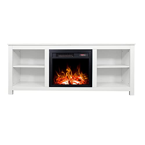 Classic 4 Cubby Fireplace TV Stand, Electric Fireplace TV Stand for 65 Inch TV with 4 Open Storage Shelves, Modern TV Storage Cabinet Center Stand with Fireplace for Living Room (White)