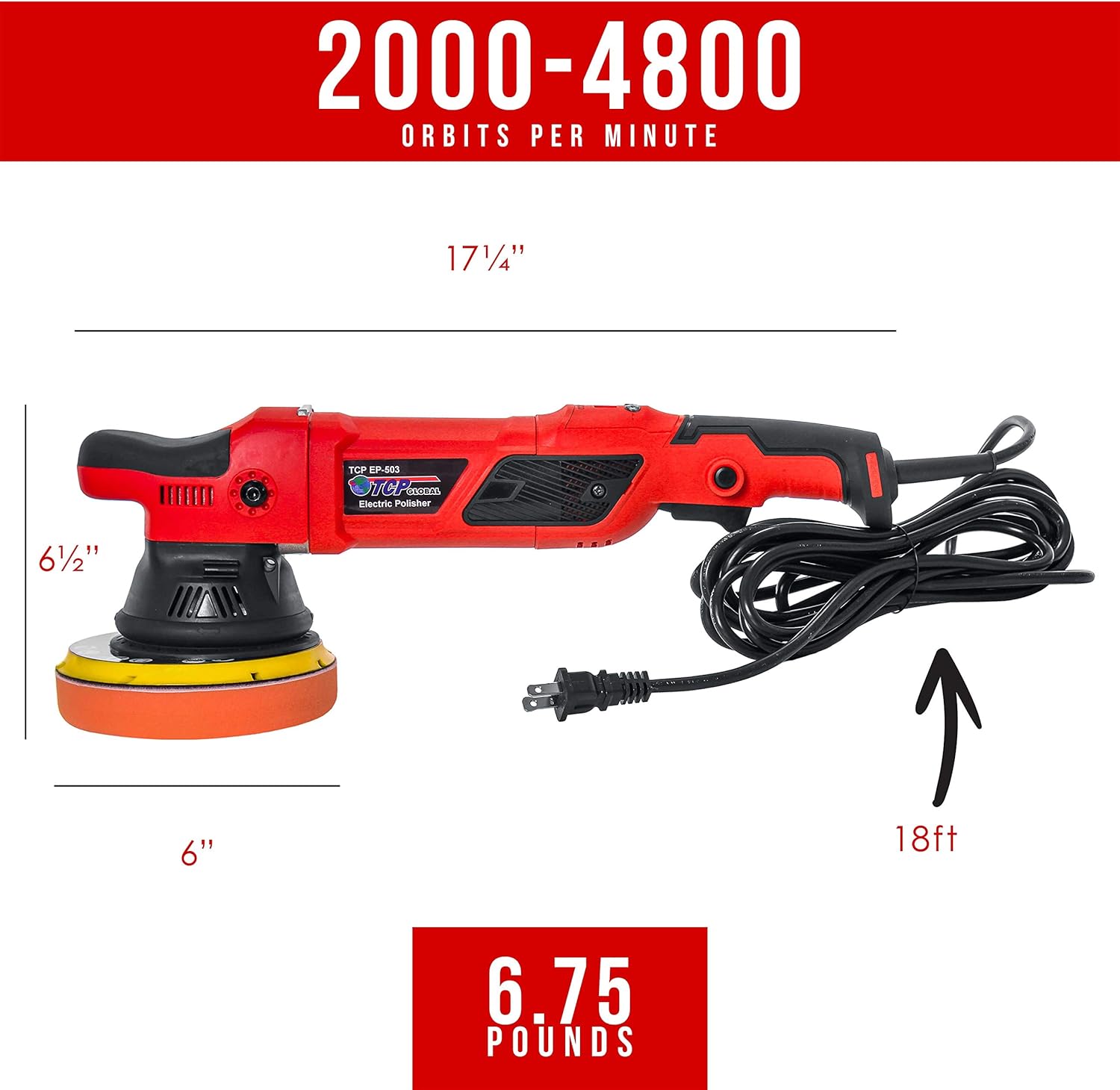 TCP Global Heavy Duty 6 Variable Speed Random Orbit Dual-Action Polisher, Digital OPM Display - Professional High Performance Buffer, Powerful 8 Amps 950 Watts - Buff, Polish, Detail Car Auto Paint