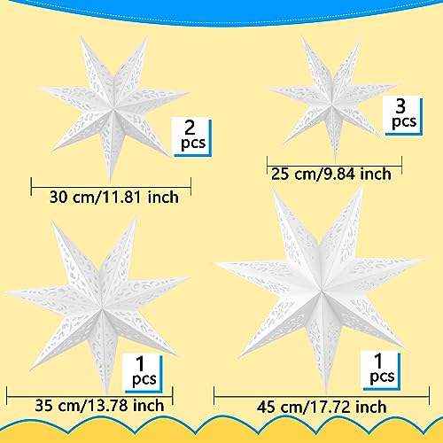 7-Piece Christmas Paper Lanterns - 10 12 14 18 Inch White, Large 7-Pointed Star Shades, Hanging Decorations for Holidays