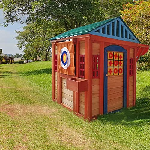 Outdoor Playhouse for Age 3-6 Years Boys Girls, Wood Cottage Playhouse w/Mailbox Bench Door Windows Flowerpot Holders & Serving Station, Boys Girls Wood Play House for Outdoor Garden Lawn Patio Yard