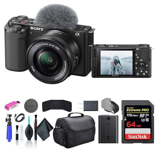 Sony ZV-E10 Mirrorless Camera with 16-50mm Lens Black ILCZV-E10L/B, 64GB Memory Card, Bag, Card Reader, HDMI Cable, Flex Tripod, Hand Strap, Memory Card Wallet, Cleaning Kit