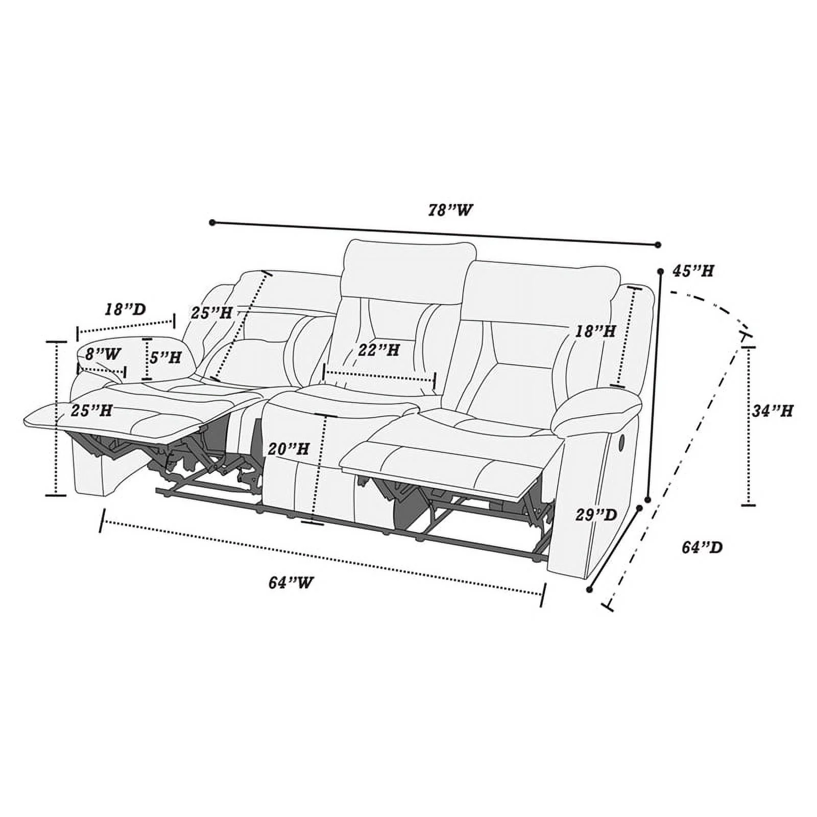 Poundex Furniture Gel Leatherette Sofa Recliner in Dark Brown