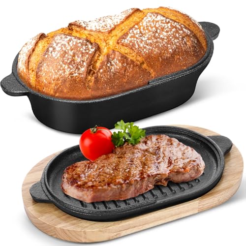 Cast Iron Bread Loaf Pan Set with Lid 2 in 1 Pre Seasoned Cast Iron Dutch Oven Pot Bread Cooking Pan with Dual Handles and Wooden Plate for Homemade Frying Sourdough Baking(Black)