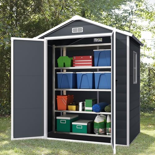Outdoor Storage Shed 6x4.4FT, Resin Shed Plastic with Floor for Garden Tool,Waterproof Outdoor Resin Storage,Lockable Doors for Patio,Yard,Lawn (LightGray 6x4)
