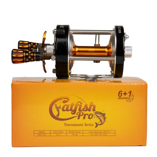 Catfish Pro Tournament Series 600CTS Round Baitcasting Reel - 6+1 Stainless Steel Ball Bearings, 5.3:1 Gear Ratio, 19lb Drag, Brass Gears, Centrifugal Brake, Durable & Powerful for Big Catfish Fishing