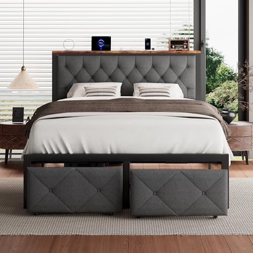 iPormis Twin Bed Frame with Storage Drawers, Linen Upholstered Headboard Platform Bed with Charging Station, No Box Spring Needed, Metal Slats Support, Noise-Free, Easy Assembly, Grey