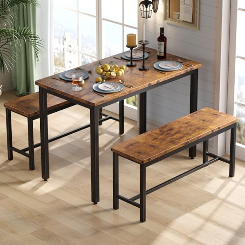 Tatub Dining Table Set for 4, 3-Piece Kitchen Table with 2 Benches, Space-Saving Dining Room Set for Breakfast Nook and Small Spaces, Grey