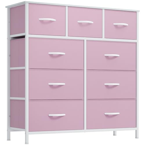 DWVO Dresser with 9 Drawers, Fabric Storage Dresser, Closet Chest of Drawers for Living Room, Closets - Sturdy Steel Frame, Wooden Top & Easy Pull Fabric Bins (Pink)