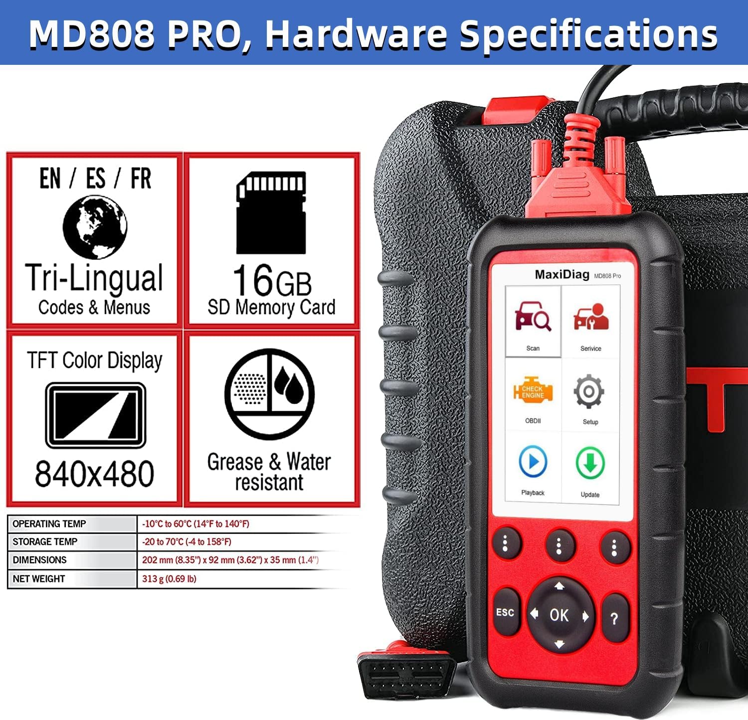 Autel OBD2 Scanner MaxiDiag MD808 Pro, All System Diagnostic Scan Tool, Upgraded of MaxiCheck Pro/ MD808/ MD806 Pro/ MD802, 7 Reset Service Oil/EPB/SAS/BMS/Throttle, Auto Scan, Lifetime Free Update