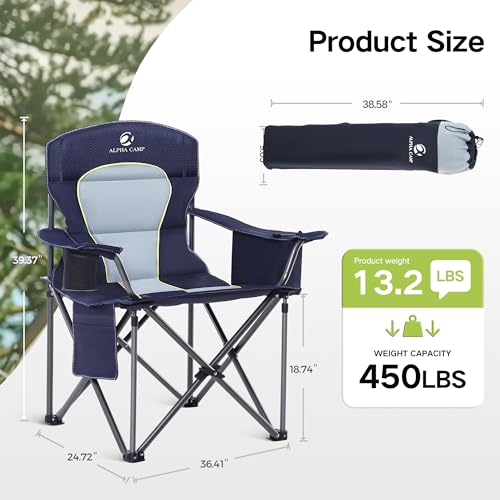 GREEN PARTY Folding Camping Chair Oversized Heavy Duty Lawn Chair with Cooler Bag, Cup Holder, Storage Pocket, Collapsible Padded Outdoor Arm Chair, Quad Lumbar