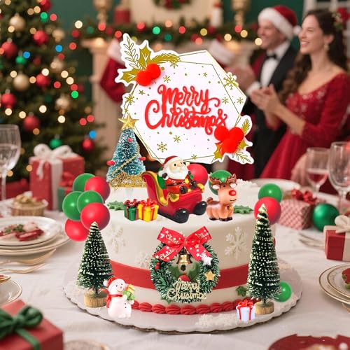 Christmas Cake Topper Merry Christmas Cake Topper Cupcake Decoration with Craft Tree Mini Santa Sleigh Reindeer Xmas Party Miniature Ornaments