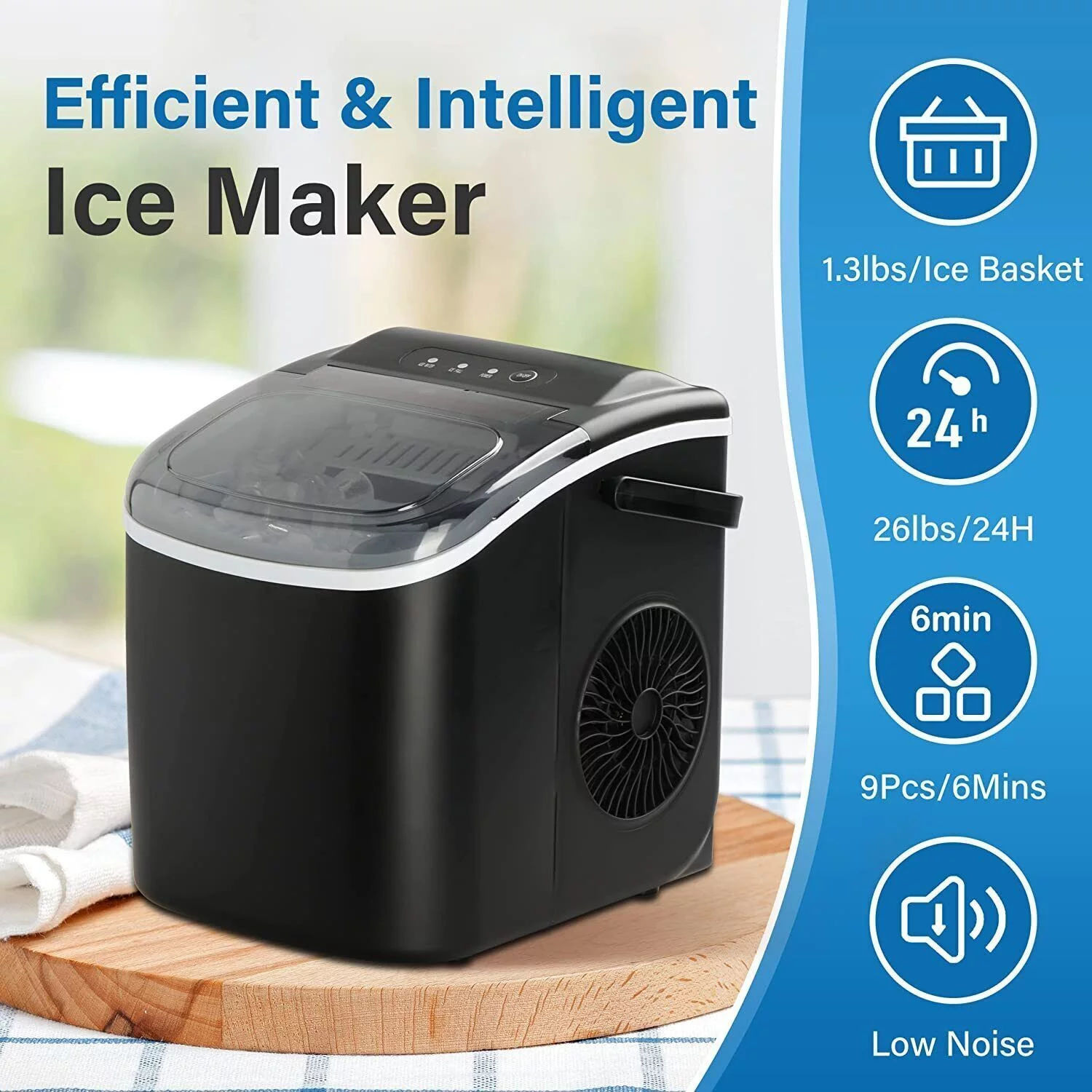 Portable Self-Clean Ice Machine with Scoop and Basket,DFITO Ice Maker Machine for Countertop, 9 Ice Cubes Ready in 6 Mins,26lbs Ice/24Hrs,   13.7lbs, for Home Kitchen Office Bar Party, Black