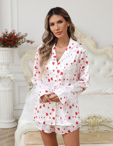 Ekouaer Women's Bridal Feather Trim Silk Satin Pajama Set Long Sleeve Lounge Sets Sleepwear (Removable Feather)