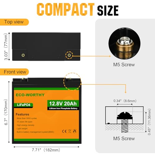 ECO-WORTHY 12V 20Ah Lithium Battery, 3000+ Deep Cycle Rechargeable LiFePO4 Lithium Ion Phosphate Battery with BMS for Trolling Motor, Fish finder, Kids Scooters, Power Wheels, Outdoor Camping