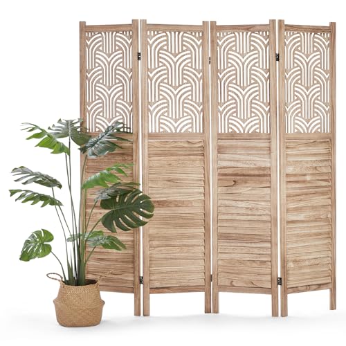 GarveeHome 4 Panel Room Dividers, 67 in Tall Decorative Cutout Wooden Privacy Screen, Freestanding Foldable Room Partitions Walls for Bedroom, Living Room, Office, Natural